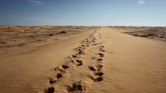 Footprints etched in the warm sand reveal a remarkable journey across the vast desert landscape, all under a brilliant, clear sky during the daylight hours