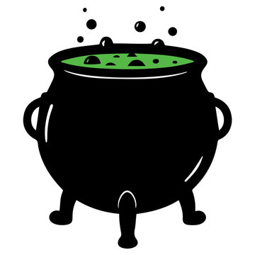 A black cauldron with green liquid and bubbles on a white background