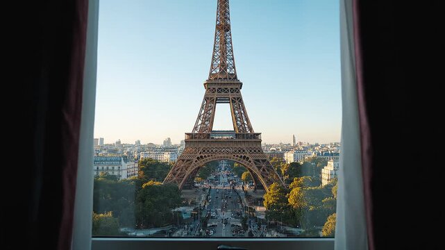 View from a hotel window overlooking the Eiffel Tower in Paris, France, during the daytime, framed by curtains