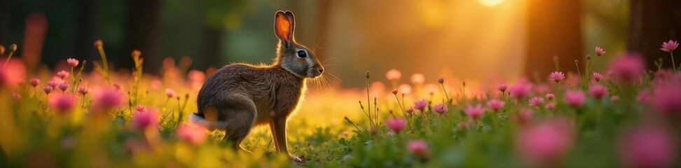 Obraz premium Dusk light bathes brown hare, pink wildflowers, forest undergrowth , wildflower, meadow, wildlife
