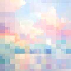 Fototapeta premium A pixelated landscape with pastel-colored sky and clouds