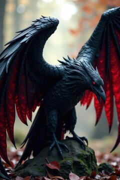 Fierce Morrigan, gray & red textured wings, raven, spiritual, texture, celtic