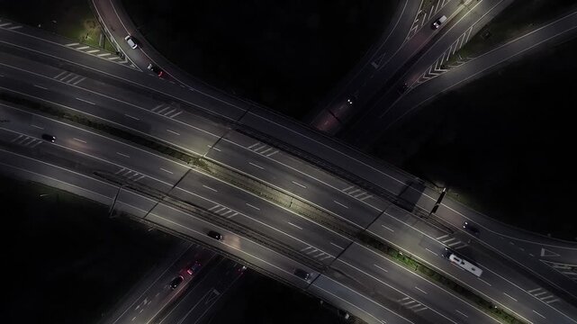 Aerial view of highways at night, the dark roads are illuminated by the headlights of cars and streetlights, Porto, Portugal.