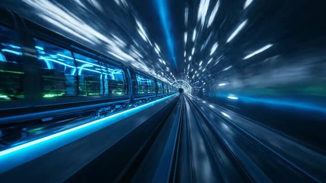 Futuristic train in tunnel with speed blur, fast transport technology concept.
