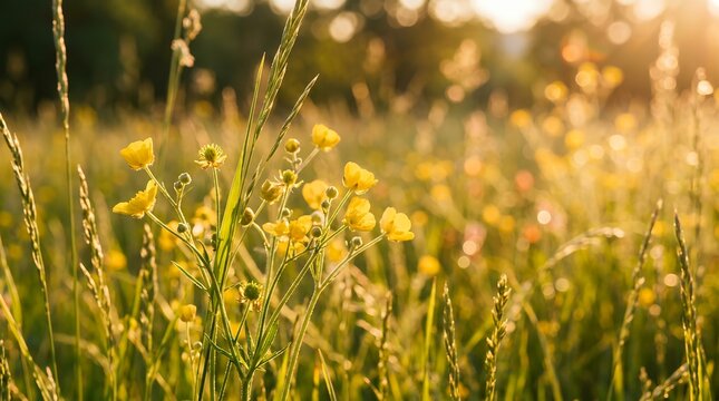 Golden hour summer meadow with yellow buttercups, sunlit wild flowers in green grass, dreamy bokeh nature background at sunset