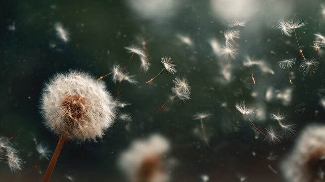 Dandelion seed head releasing delicate seeds drifting through the air in soft natural light with a dark green blurred background