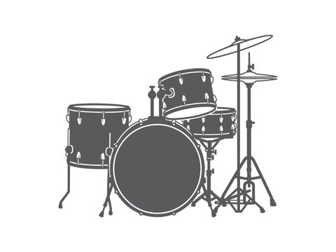 Drum set with bass drum and cymbals on white background