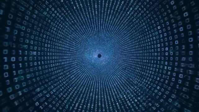 Blue binary code tunnel background depicting abstract data stream concept, technology, and network.