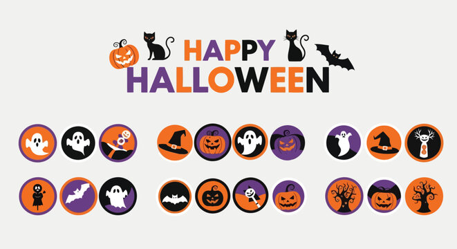 Creative collection of whimsical halloween-themed emoji-style character faces