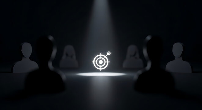 Illuminated Target Icon in Spotlight Amidst Silhouetted Figures, Representing Focus and Goals in a Meeting Setting