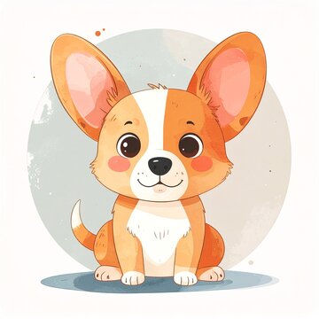 Minimalist watercolor illustration of Cute cartoon funny eared dog, pet with scared cute expression