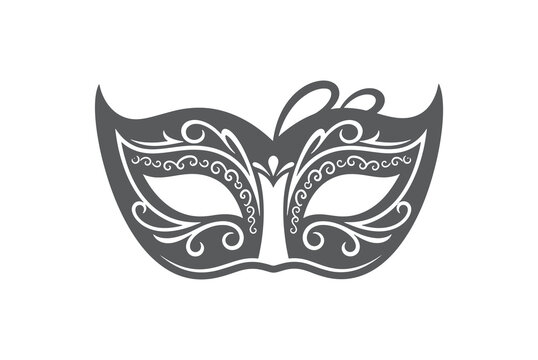 Gray masquerade mask with white swirling designs on white background