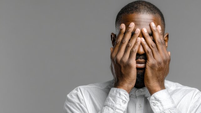 Man covering his face with his hands while standing against a gray background in a neutral expression