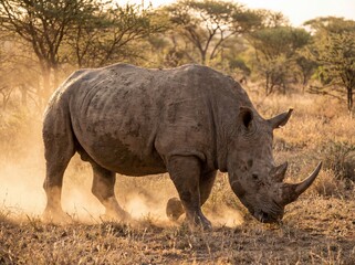 Obraz premium Majestic White Rhino Walking Through Dusty Savannah - AI Animal Fine Art