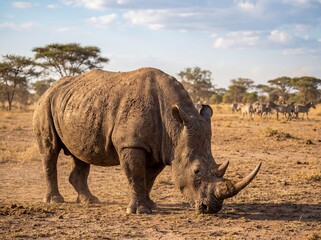 Obraz premium Powerful Rhinoceros Grazing in Savannah Grassland - AI Animal Design Stock Photo