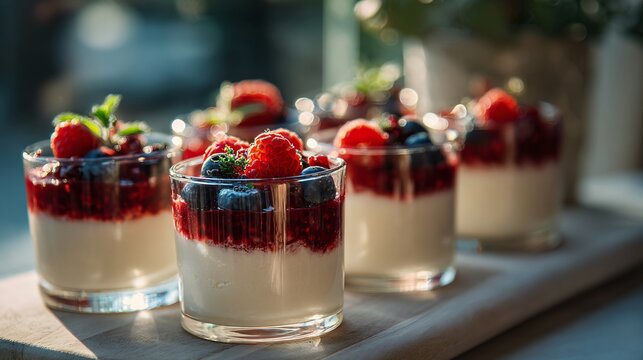 A creamy coconut mousse layered with berry compote in clear glass cups under diffused natural sunlight