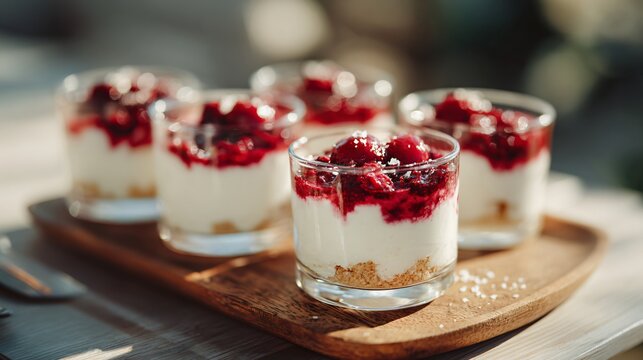 A creamy coconut mousse layered with berry compote in clear glass cups under diffused natural sunlight