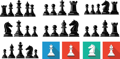 Chess pieces icon and silhouette set, king queen rook bishop knight pawn vector illustration collection isolated © MDRAKIB