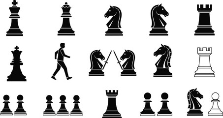 Chess pieces icons silhouette set, king queen rook bishop knight pawn, strategy board game symbols, vector illustration isolated design © MDRAKIB