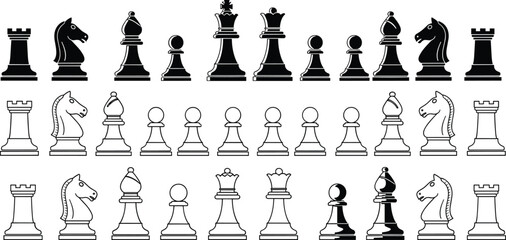 Chess pieces set, king queen rook bishop knight pawn silhouettes and outlines vector illustration isolated © MDRAKIB
