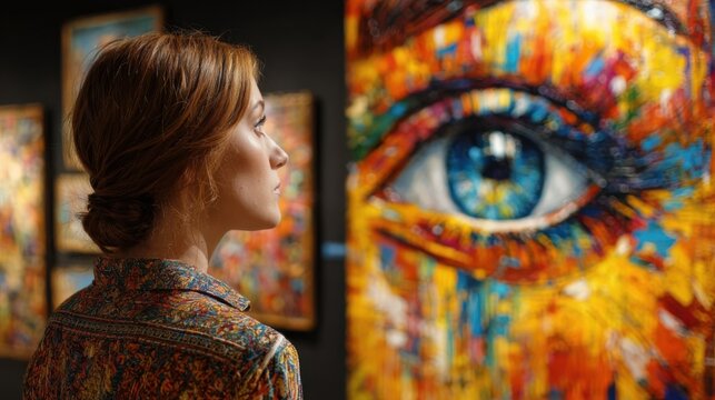 Woman views colorful artwork at a gallery in the city during a weekend afternoon in early fall