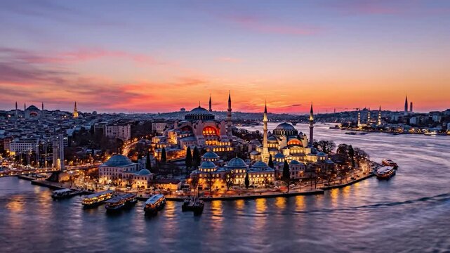 Majestic Istanbul city skyline at dusk with historic mosques including Hagia Sophia, illuminated along the Bosphorus Strait, creating a serene and cultural evening scene.