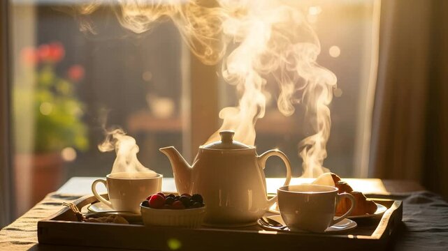 Steaming tea in golden light: cozy afternoon teatime with ceramic pot 4K Ai HD high quality video.