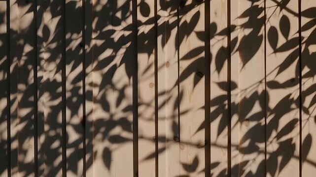Leaves Shadow Background on Wooden Wall in Warm Natural Sunlight