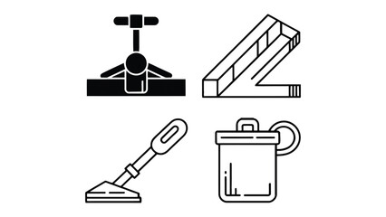 Fototapeta premium Cleaning Equipment Icon Set: A collection of various cleaning tools and equipment, essential for maintaining cleanliness in homes and commercial settings, is presented in a sleek, minimalist style.