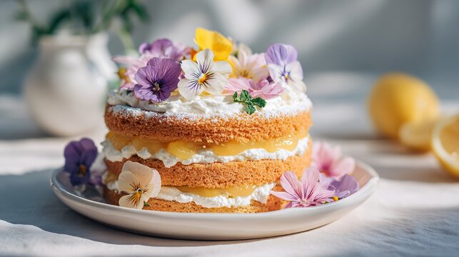 A layered lemon curd cake with fluffy sponge and whipped frosting finished with edible petals in bright spring sunlight