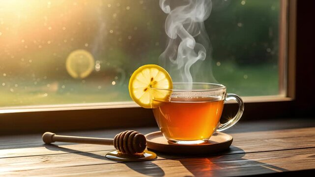 Steaming tea cup with lemon honey, sunlit cozy morning ambiance 4K Ai HD high quality video.