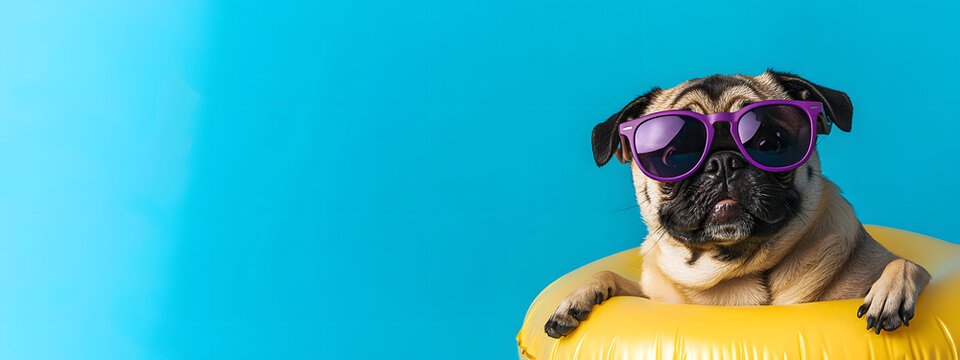 A cute pug in sunglasses with an inflatable beach ring is positioned against a blue studio background - a creative summer banner, a minimalist composition with copyspace