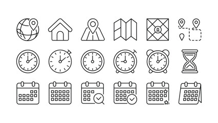 Time and location scheduling icons set.Thin line editable stroke icon illustrations, Clocks, maps and calendars.  © Asma 