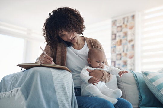Phone call, writing or woman in house with baby, multitasking or article brainstorming in remote work. Freelancer, child or mom in home with tech, story planning or childcare in domestic productivity