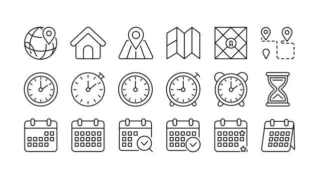 Time and location scheduling icons set.Thin line editable stroke icon illustrations, Clocks, maps and calendars. 