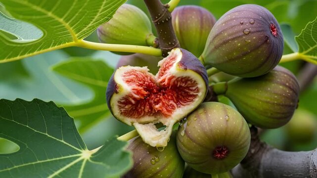 Ripe fresh figs growing on tree with vibrant foliage and juicy interior 4K Ai HD high quality video.