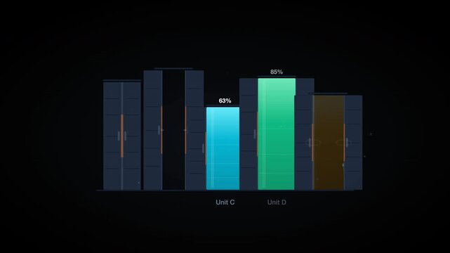 Bar graph shows colorful columns on dark background. Perfect for data analysis presentations, financial reports, statistics, and business infographics.