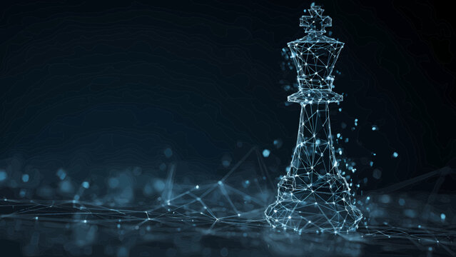 A digital abstract chess king piece symbolizes strategy, leadership, and intellectual prowess in a connected digital landscape.