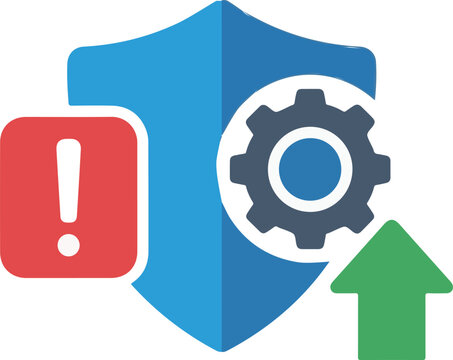 Security shield icon with an exclamation alert, system settings gear, and an upward progress arrow