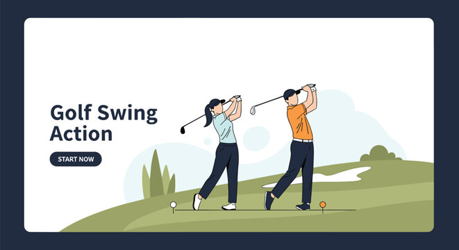 Man and woman practice their golf swing techniques on a scenic green course for a sports and outdoor activity website.