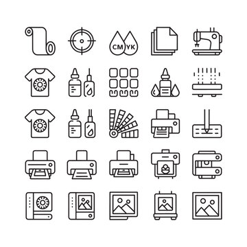 Collection of line art icons representing printing and design processes