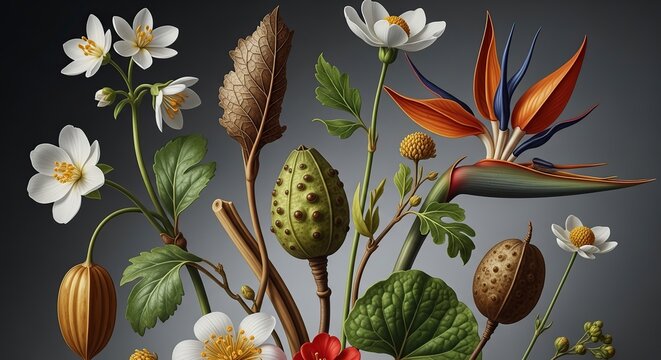 Floral Arrangement - A Diverse Collection of Botanical Elements.