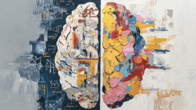 Artwork shows a split brain with different colors and designs on each side, representing logic and creativity in a unique way