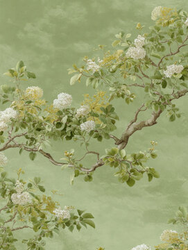 Vintage botanical floral wallpaper pattern &ndash; flowering branches on sage green textured background for interior design and branding