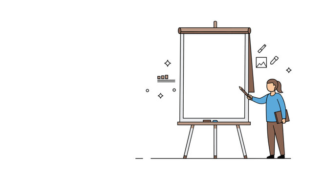 Young female presenter stands next to a large blank whiteboard ready for a business pitch or educational lesson.