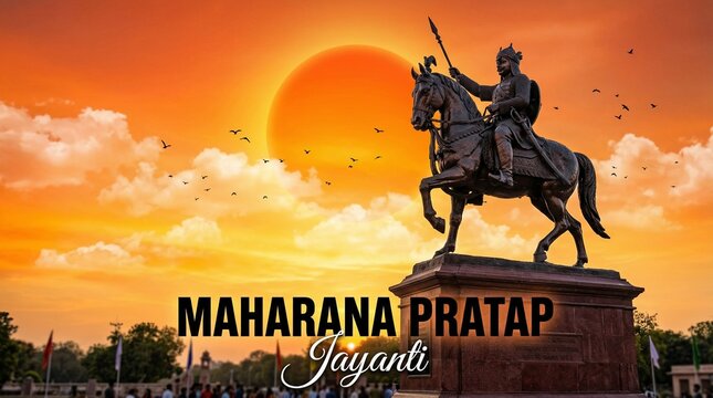 Maharana Pratap Jayanti holiday greeting card. Vector illustration of Indian king story with riding horse chetak