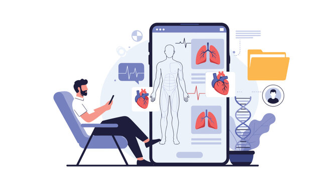 Patient uses a mobile app for a telehealth consultation showing internal organs on a smartphone screen at home.