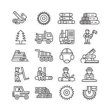 Line icons depicting forestry logging and wood processing activities