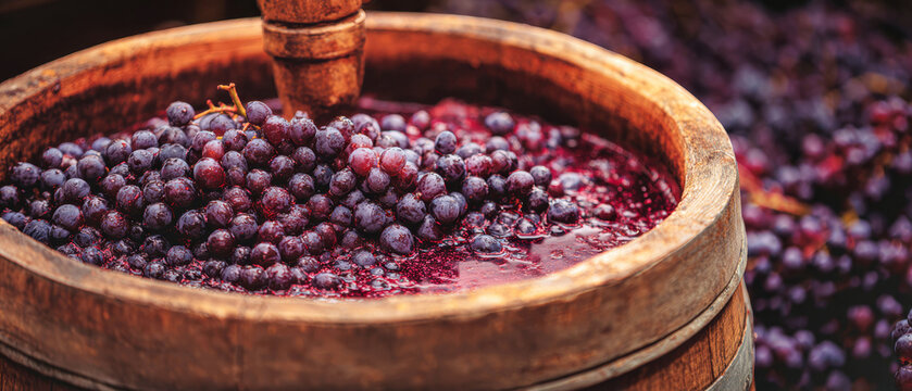 Close-up of a traditional wine press and barrel filled with dark grape must shows the process of winemaking in a small vineyard with crimson grapes