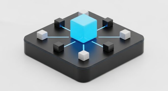3d blue cube connected to smaller cubes on black base